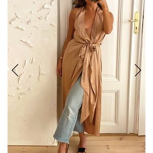 Silky, sleeveless, gold, wrap dress/duster